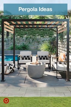 an outdoor fire pit surrounded by chairs and a pergola with text overlay