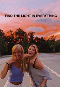 two young women standing next to each other on a tennis court with the words find the light in everything