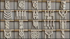 several pictures of different ropes and knots on a wooden stick, with the same knot in each row