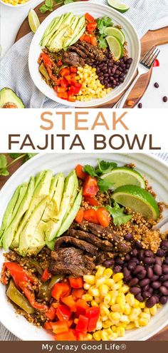 steak fajita bowl with avocado, black beans, corn and tomatoes