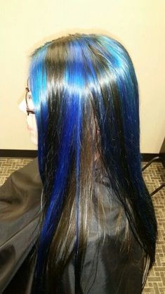 Chunky Highlights Blue And Black, Blonde With Dark Blue Highlights, Chunky Highlights With Color, Blue Hair Chunky Highlights, Dark Blue Chunky Highlights, Blue Chunky Highlights In Black Hair, Blue Skunk Highlights, Chunky Blue Highlights On Dark Hair, Chunky Highlights Color