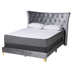 an upholstered bed with white pillows and gray headboard, against a white background