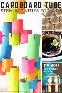 Cardboard tube STEM activities for kids to try using cardboard rolls or tubes or even toilet paper rolls. Recycled STEM projects for Earth Day activities too! Cardboard STEM is cheap and easy to set up for home STEM activities or even classroom STEM activities. Things To Do With Cardboard, Classroom Stem Activities, Makers Space, Stem Bins, Stem Boxes, 4h Projects, Stem Activities For Kids