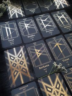 Elder Futhark norse runes deck in black and gold magic art with a box called The Grid of Fortune Tarot Spreads For Guidance, Decking Base, Ancient Runes, Runic Alphabet, Mystery School, Elder Futhark Runes, Norse Runes, Souls Journey, Sacred Text