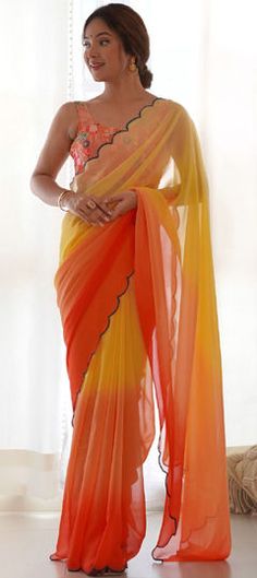 Multicolor color Saree in Faux Georgette fabric with Printed, Thread work Party Multicolor Georgette Blouse Piece, Elegant Orange Saree For Party, Elegant Fitted Multicolor Saree, Orange Bollywood Blouse Piece For Party, Party Multicolor Georgette Saree, Elegant Multicolor Dupatta For Party, Orange Party Blouse With Traditional Drape, Elegant Multicolor Party Dupatta, Multicolor Traditional Drape Blouse Piece For Party