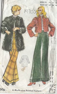 ~ Circa/Date:  1970s ~ Details:   PANTS & two length COAT  (With this pattern you get four different size) ~ Size/Measurements (Inches):  ~ Size: 12-14-16-18  ~ BUST: 34-36-38-40″  ~ Waist: 25 1/2-27-29-31″  ~ Hip: 36-38-40-42″ ~ Please Note: ~ You are buying a 'Professional Reproduced' copy of this sewing pattern. Copied from the original sewing pattern. Produced in Full Scale Pattern Pieces ready to cut with full instructions included. Reproduced on high quality 50 gm paper with black ink, durable and easier for reuse. Printed by a Professional Printing Company.   ~ With this product comes an accompanying 'Booklet' and inside the Booklet it includes: ~ A 2-page Instructions and Illustrations on 'How to Adjust Your pattern to your Personal Measurement.' ~ Personal Measurement Chart ~ Body Vintage Fashion Sketches, Vintage Vogue Sewing Patterns, Patron Vintage, Vogue Vintage, Mode Hippie, Scale Pattern, Pattern Pieces, Retro Mode, Chuck Norris