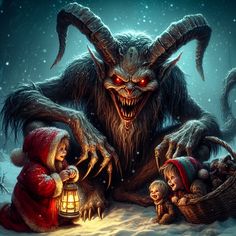 an evil looking monster with two children in the snow