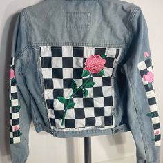 This Is A Rue 21 Size Medium Blue Jean Jacket With A Lot Of Details Black And White And Pink Roses. It’s Like Brand New Never Been Worn. It Has Pockets On The Outside And Pockets On The Inside. Letterman Jacket Aesthetic, White And Pink Roses, Blue Jean Jacket, Rue 21, Rue21, Blue Jean, Medium Blue