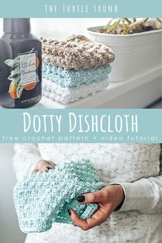 a woman holding two crochet dishcloths in her hands and the text, dotty dishcloth free crochet pattern video tutor