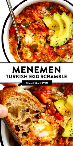 two bowls of menemen with bread and avocado