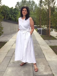 "This is a beautiful and comfortable handmade dress for everyday wear or for celebration. It does not restrict movements, it closes comfortably, so you don't have to worry that someone will see what you don't want to show :) The dress on the front is shorter than on the back, so it is very comfortable, because you don't have to lift the dress before taking a step. With this dress you will feel free and independent, but you will not lose your elegance and femininity. Made with love for You. *100% White Sleeveless Linen Maxi Dress, Wrap Dresses Summer, Dress For Everyday, Loose Kimono, Linen Top Women, Linen Tank Top, Kimono Wrap, Linen White, Handmade Dress