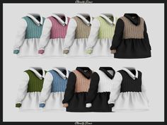 several sweaters and dresses are shown in four different color variations, each with a collared neckline