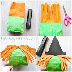 the instructions to make a paper bag witch hat with carrot sticks and other things in it