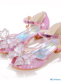 OrcaJump - Girls Sandals Princess Shoes with Bow Tie Sequins, Rubber PU, Crystal Jewels, Rhinestone for Big Kids (7yrs+) Girls Heels Kids, Elsa Shoes, Party Shoes Heels, Princesa Sophia, Kids Heels, Shoes Princess, Sequin Sandals, Ballerina Heels, Kids Leather Shoes