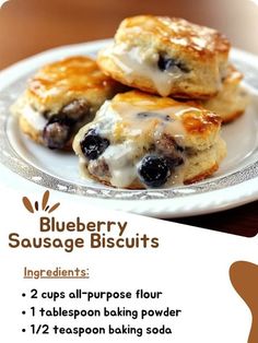 blueberry sausage biscuits on a white plate with information about the ingredients and instructions to make them