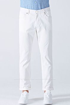 Discover Fashion white cotton solid color casual men's ninth pants at BradyMensuit. Shop White Solid mens pants both for formal and causal. Dress pants, slacks and chino pants are also offered in standard size and measurements. White Slim Fit Straight Leg Dress Pants, White Straight Leg Chinos For Business Casual, Classic White Straight Leg Work Pants, White Straight Leg Dress Pants For Business Casual, White Chinos For Workwear, White Slim Fit Pants With Straight Hem, White Cotton Dress Pants For Business Casual, White Dress Pants With Welt Pockets And Straight Hem, White Cotton Straight Leg Dress Pants