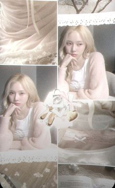 a collage of photos shows a woman in white sitting on a bed with her hand under her chin