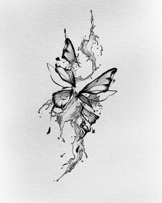 a black and white drawing of a butterfly with water splashing on it's wings