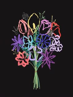 a bouquet of colorful flowers on a black background with the word love spelled in it