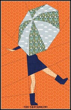 an image of a woman with an umbrella in the rain, on orange and blue background