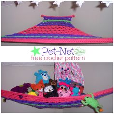 two pictures of stuffed animals in a hammock with the caption pet net free crochet pattern