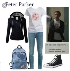 there is a woman wearing black and white shoes, jeans and a hoodie with the name peter parker on it