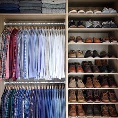 a closet filled with lots of shoes and shirts