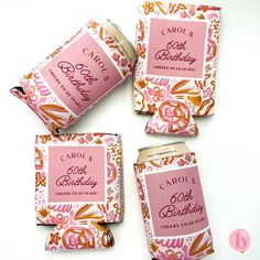 four pink and orange birthday candy wrappers on top of each other with the words carol's 80th birthday printed on them