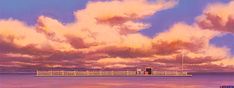 a painting of clouds over the ocean with a pier in the foreground and buildings on the other side