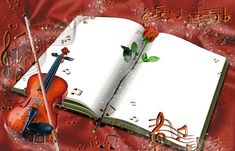 an open book with music notes and a violin