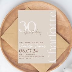 a birthday party card on a wooden plate