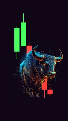 an abstract bull is shown in front of a stock chart with green and red bars