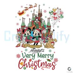 mickey and friends merry christmas card with santa's sleigh in the background