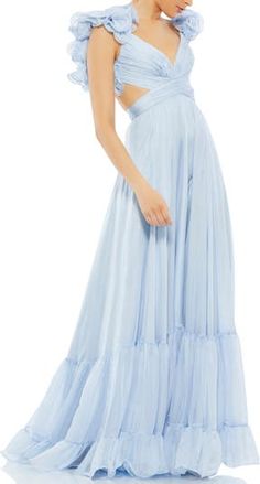 Empire Waist Gown, Bridal Wardrobe, Ruffle Prom Dress, Blue Ball Gowns, Long Cocktail Dress, Evening Party Gowns, Blue Gown, Dress Inspo, Mac Duggal