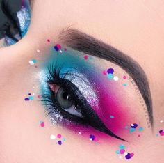 #makeup #makeupartist #makeupgoals - credits to the artist Colorful Rhinestone Eye Makeup, Crazy Eye Makeup Creative, Bright Halloween Makeup, Fun Makeup Ideas Easy, Unicorn Face Makeup, Unicorn Eye Makeup, Chunky Glitter Eye Makeup, Bisexual Pride Makeup, Rave Eye Makeup