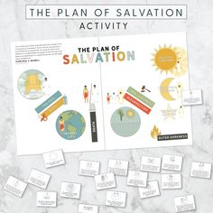 the plan of salvation activity is displayed on a marble surface with several pieces of paper