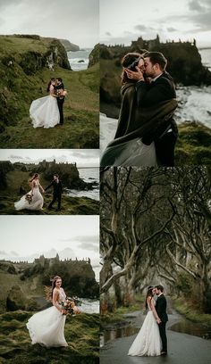 the bride and groom are posing for pictures in front of some trees on the shore