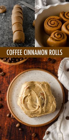 coffee cinnamon rolls with peanut butter frosting on top and in the background, there is a plate full of rolled up cinnamon rolls