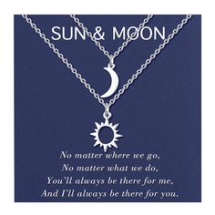 PRICES MAY VARY. Sun and Moon Necklace - Simple dainty sun moon necklace with inspirational message card "No matter where we go, No matter what we do, You 'll always be there for me, And I'll always be there for you ." That's Our Pinky Promise! You can wear them alone or layer them. A perfect gift for best friends & sisters. Pendant Size - Small sun moon pendant size: 0.39in, necklace length is 18"+2" adjustable extension chain. The chain is dainty but strong, not easy to break, perfect fit wome Sister Necklaces For 2, Sun Moon Necklace, Star Necklaces, Sun And Moon Necklace, Gold Moon Necklace, Sister Jewelry, Bff Necklaces, Best Friend Necklaces, Sterling Silver Cat