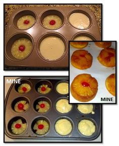 three pictures of pineapple cupcakes in a muffin tin