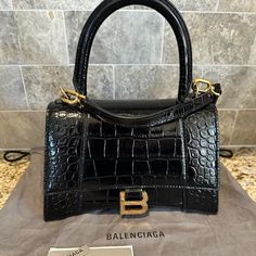 Balenciaga Black Hours Croco With Tags Includes Dustbag Chloe Drew Bag, Printed Leather Bag, Black Mini Bag, Studio Bag, Balenciaga Handbags, Gray Handbags, Leather Satchel Handbags, Balenciaga Black, Brown Leather Bag