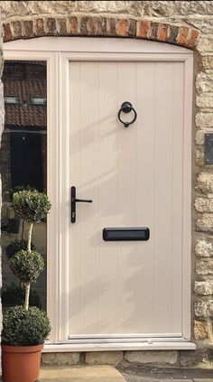 a white door with a black handle on the side and potted plant in front