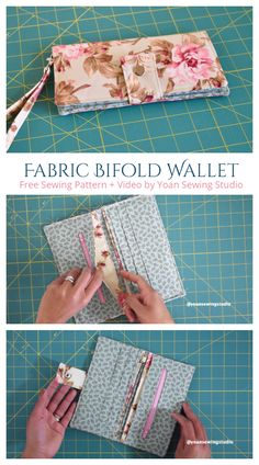 the fabric wallet is being sewn with scissors and sewing needles, while another photo shows how to make it