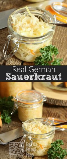 two jars filled with sauerkraut on top of a wooden table