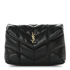 This is an authentic SAINT LAURENT Lambskin Monogram Loulou Puffer Pouch Clutch in Black. This clutch is crafted of lambskin leather in black with the signature YSL on the front in gold. The front flap opens to a black fabric interior. Loulou Puffer, Clutch Black, Lambskin Leather, Black Fabric, A Black, Saint Laurent, Puffer, Pouch, Monogram