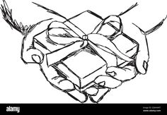 a hand holding a gift box with a bow on it - stock image, black and white