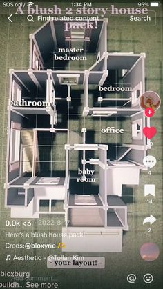 the floor plan for a house with all its rooms and furnishings labeled in red, white, and blue