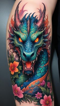 a dragon tattoo on the thigh with flowers and leaves around it's head,