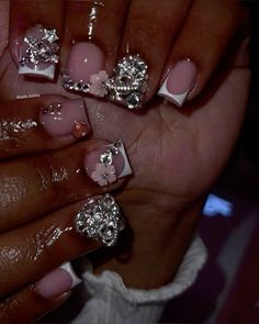 Short Gems Nails, Nails Acrylic For Birthday, Libra Bday Nails, Short Libra Nails, Natural Nails Color Ideas, Nail Ideas Polygel, French Tip With Gems Rhinestones, Acrylic Nail Designs Bling, Full Rhinestone Nails