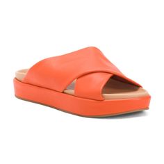 Wide Straps Of Supple Leather Crisscross This Vibrant Slide Sandal Set On A Molded Footbed And Subtle Platform Sole With Signature Nailhead Accents. Leather Upper And Lining/Rubber Sole Tangerine Color. Leather Crossover Sandals For Beach, Chic Orange Sandals With Round Toe, Leather Cross Sandals For Spring, Chic Leather Sandals With Crossover Straps, Leather Crossover Sandals For Spring, Summer Beach Sandals With Crossover Straps, Orange Leather Wedge Sandals For Beach, Spring Leather Sandals With Cross Strap, Crossover Sandals For Beach And Summer